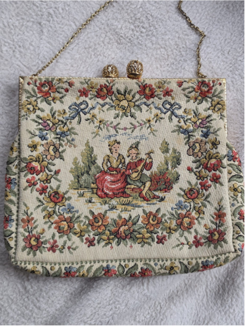 Vintage French Tapestry Purse HA & E Smith Bermuda Evening Bag Courting Scene EX - Picture 2 of 13